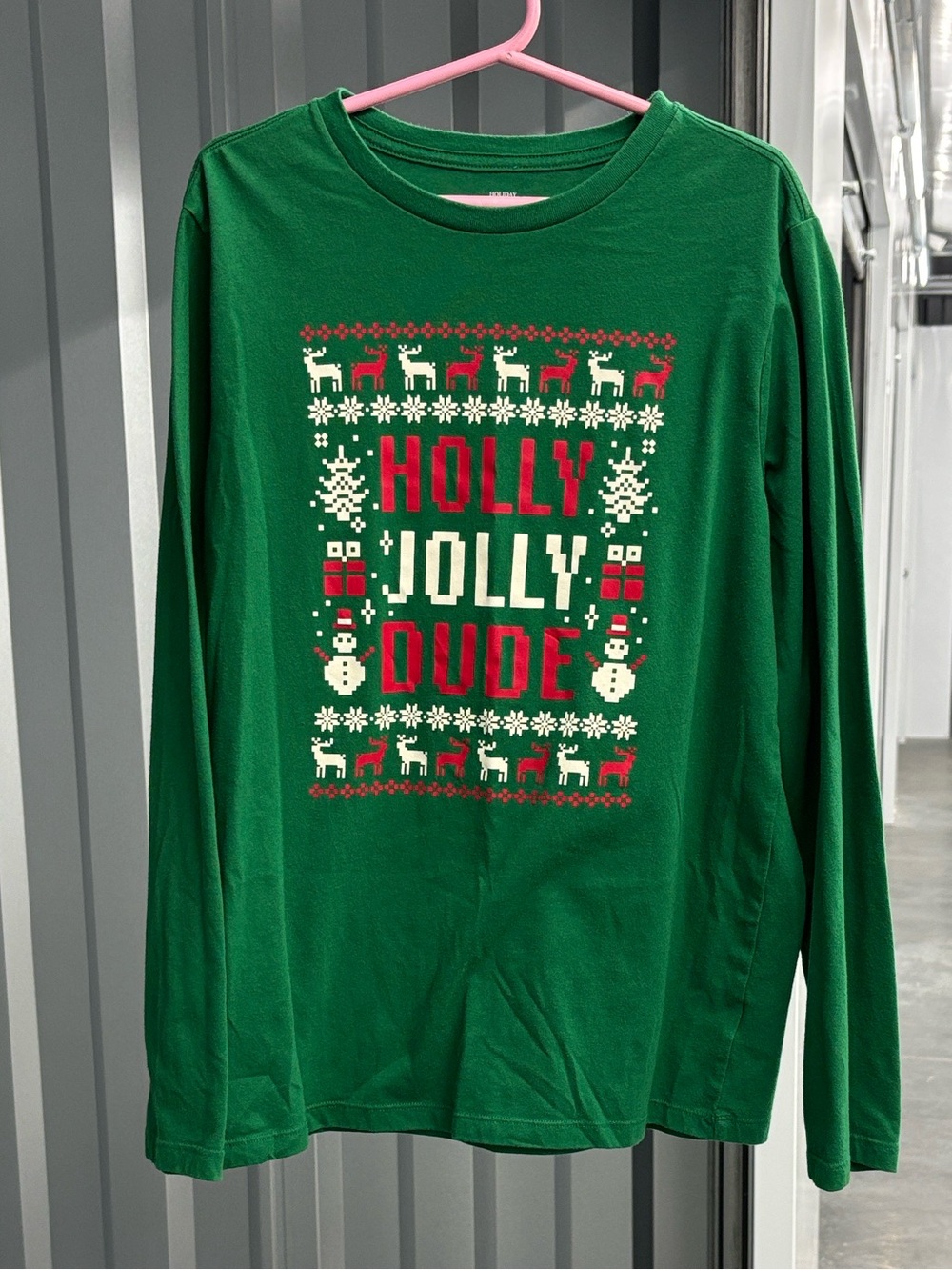 Holiday Time Green 'Holly Jolly Dude' Long-Sleeve Tee Christmas Snowmen XL 14-16